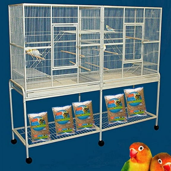Extra Large Double Center Divider Flight Bird House Breeding Cage Canary Parakeet Cockatiel Lovebird Finches, Side Nest Doors with Removable Rolling Stand