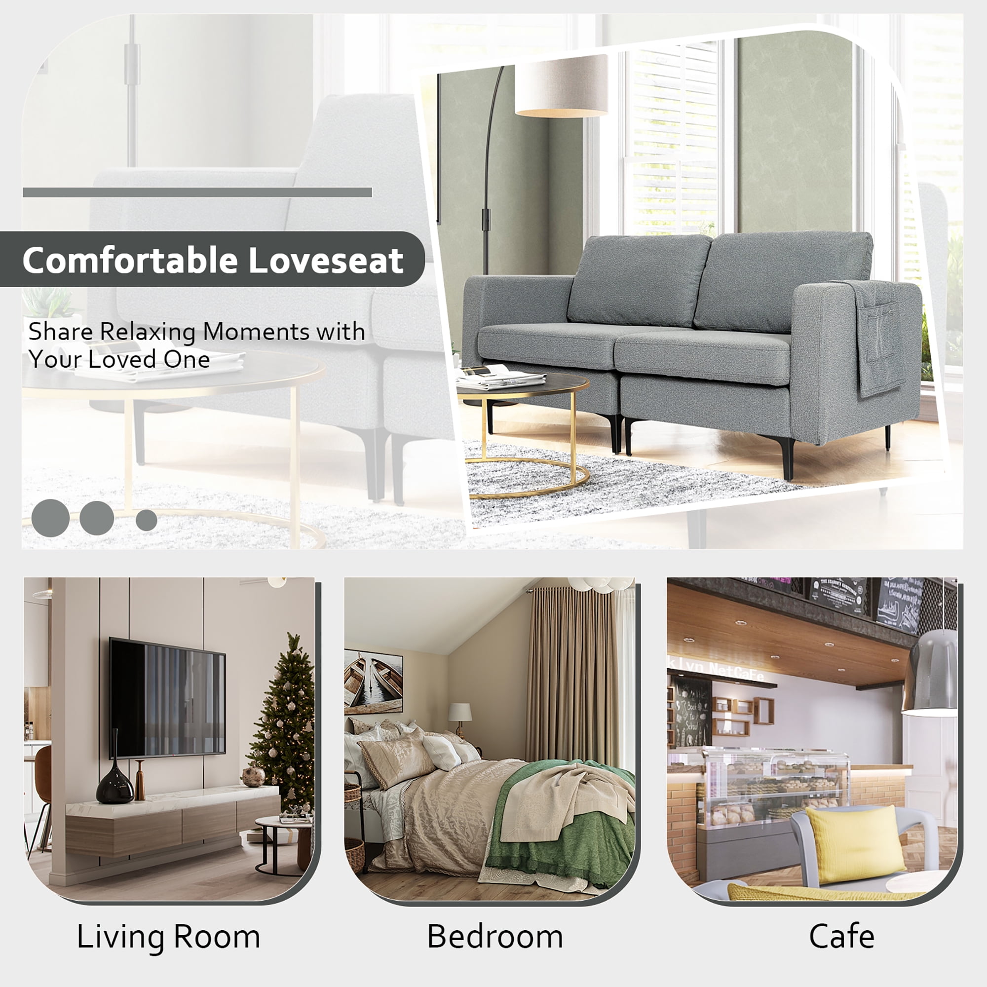 Costway Modern Loveseat Linen Fabric 2-Seat Sofa Couch w/ Side Storage Pocket Dark Grey