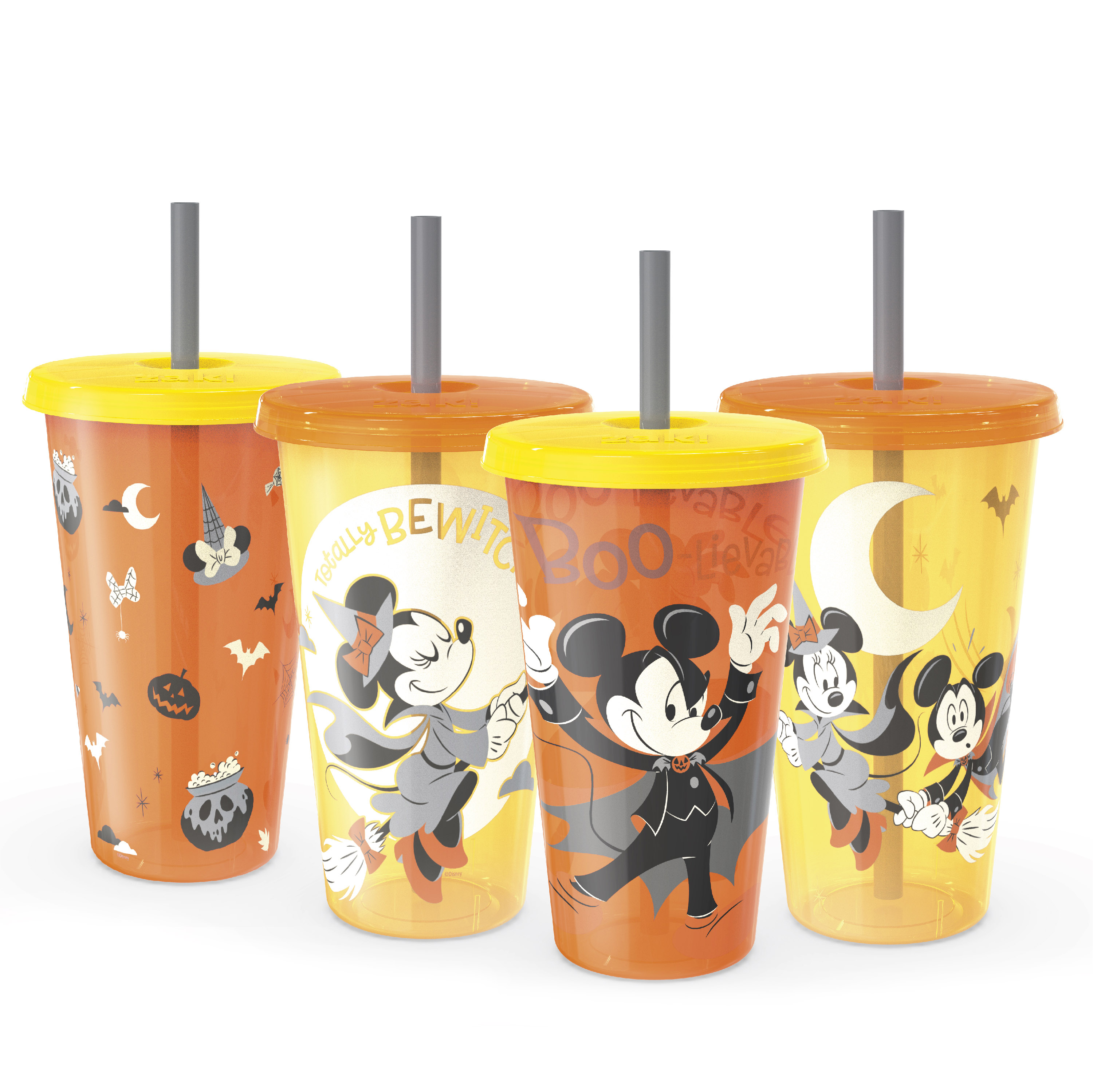 Zak Designs 4 pcs Tumbler Set 25 oz Glow in the Dark Plastic Halloween Cup, Disney Mickey Mouse 