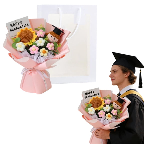 2026 Class of Pink Crochet Sunflower Bouquet – Handmade Knitted Graduation Gift with Doll for Her, Keepsake Floral Arrangement