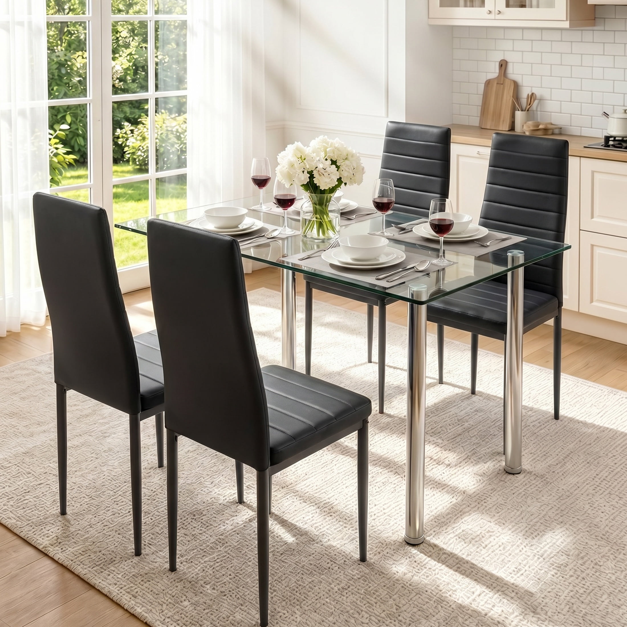 UHOMEPRO Black Kitchen Table Set, 5 Pieces Dining Table Set, Tempered Glass Dining Table and Chairs Set for 4, Upgraded Iron Dining Room Table Set with 4 PU Leather Chairs