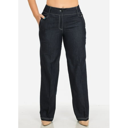Womens Juniors Plus Size Dark Blue High Waist Straight Leg Dress Pants 10430B