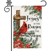 Christmas Cardinal Bird Garden Flag Double Sided,Winter Poinsettias Cross Plants Small Burlap Garden Flag for Outside Holiday Farmhouse Yard Decoration 12x18 Inch