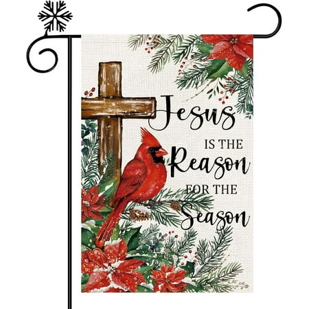 Christmas Cardinal Bird Garden Flag Double Sided,Winter Poinsettias Cross Plants Small Burlap Garden Flag for Outside Holiday Farmhouse Yard Decoration 12x18 Inch