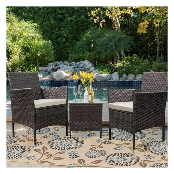 3 Pieces Patio Furniture Sets Outdoor Patio Chairs Set of 2 PE Rattan Wicker Chairs with Table for Garden Porch Lawn Poolside(Brown/Beige)