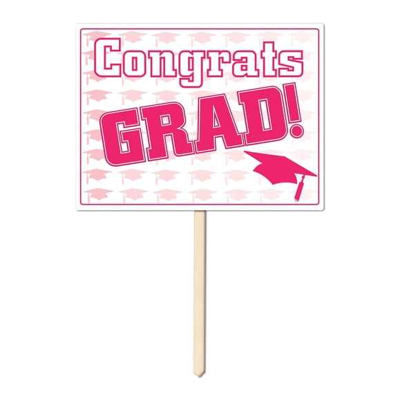Beistle Pack of 6 Pink and White Plastic Congrats Grad Yard Sign Decorations 15"