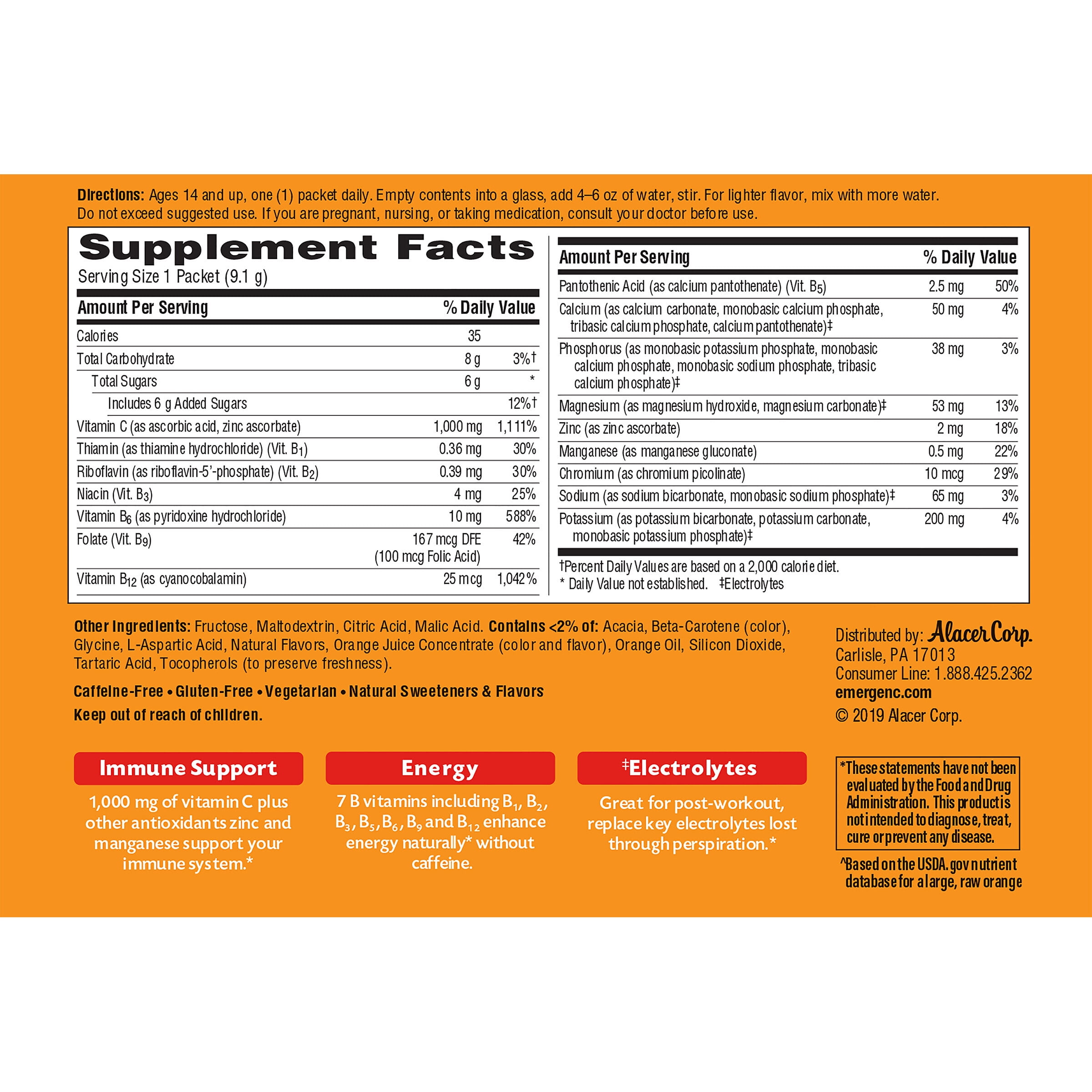Emergen-C Vitamin C Supplement Super Orange Drink Mix, 1000 mg, 0.33 Oz., 33 Count