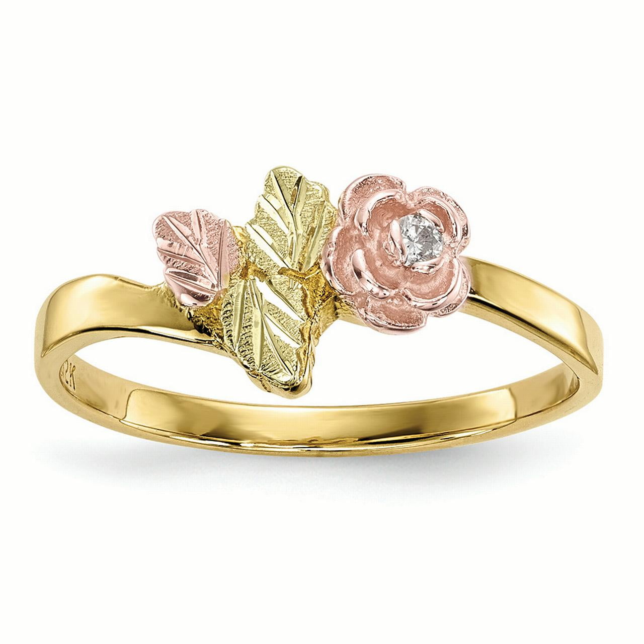 10K Tri Color Gold 10.37 MM Black Hills Gold Diamond Rose Ring, Size 7