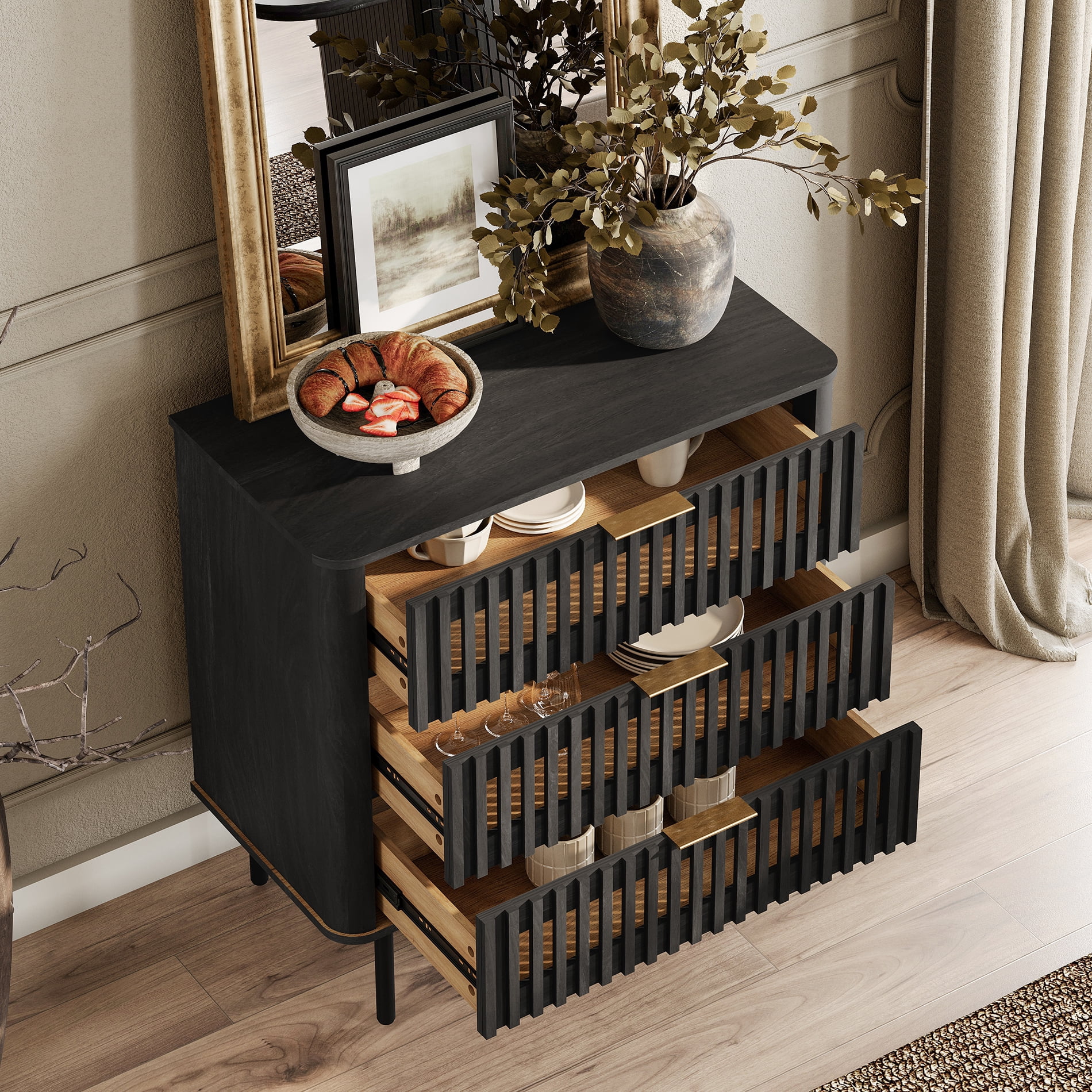 31.5"W Sideboard Buffet Cabinet with Storage, Fluted Kitchen Buffet Storage Cabinet with 3 Drawer, Large Coffee Bar Cabinet, Modern Buffet Table for Dining Living Room, Black