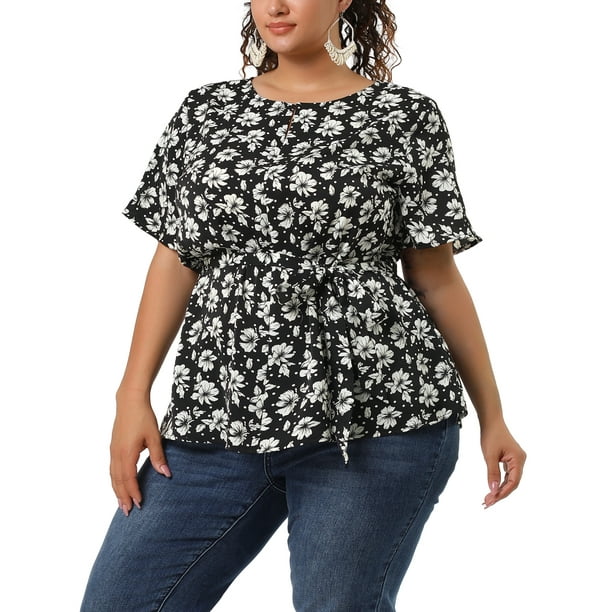 Women's Plus Size Tops Ruffle Short Sleeve Summer Chiffon Floral Blouse Black 1X