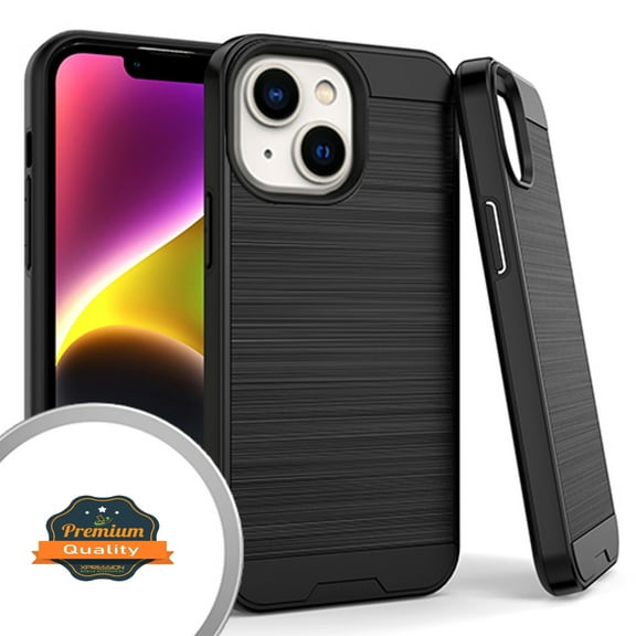 Xpression Cover for Apple iPhone 14 Pro (6.1") Hybrid Brushed Metal Texture Rugged Slim Shockproof Dual Layers 2-Piece Hard PC Soft TPU Phone Case - Black