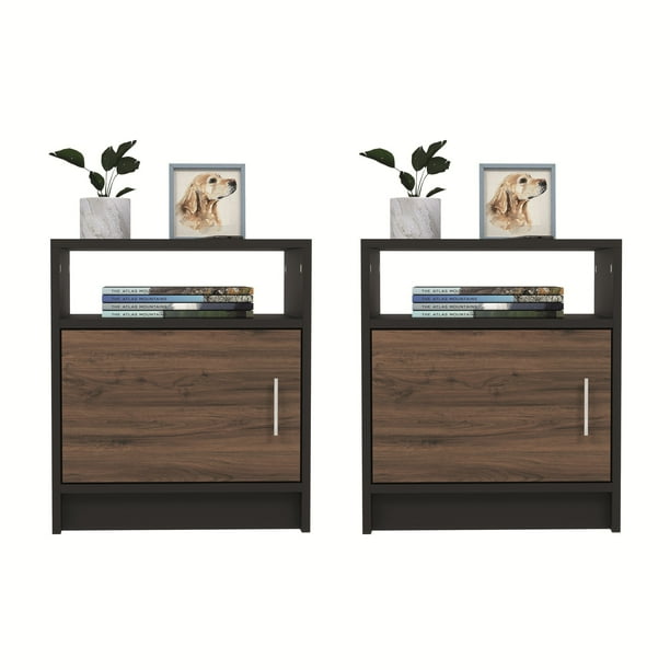 Set de 2 Burós Moru Aura Color Negro, Mesitas de Noche con Puerta |50x45x30cm|