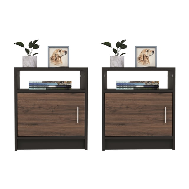 Set de 2 Burós Moru Aura Color Negro, Mesitas de Noche con Puerta |50x45x30cm|