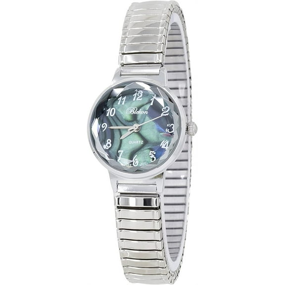 Blekon Collections Women's 25mm Analog Display Case Cut Crystal Mother of Pearl Dial Slim Metal Stretch Expansion Band Ladies Wrist Watch