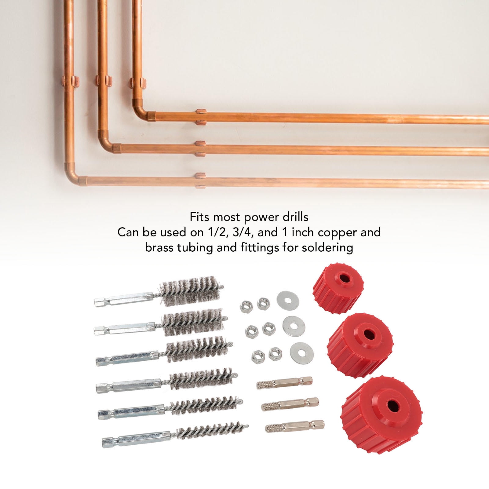 BIMZUC Copper Pipe Cleaner Set – 1/2, 3/4 & 1"Bronze/Brass Pipe & Fitting Cleaning Brush, 6 Stainless‑Steel Bristles, 1/4"Hex Shank for Power Drill