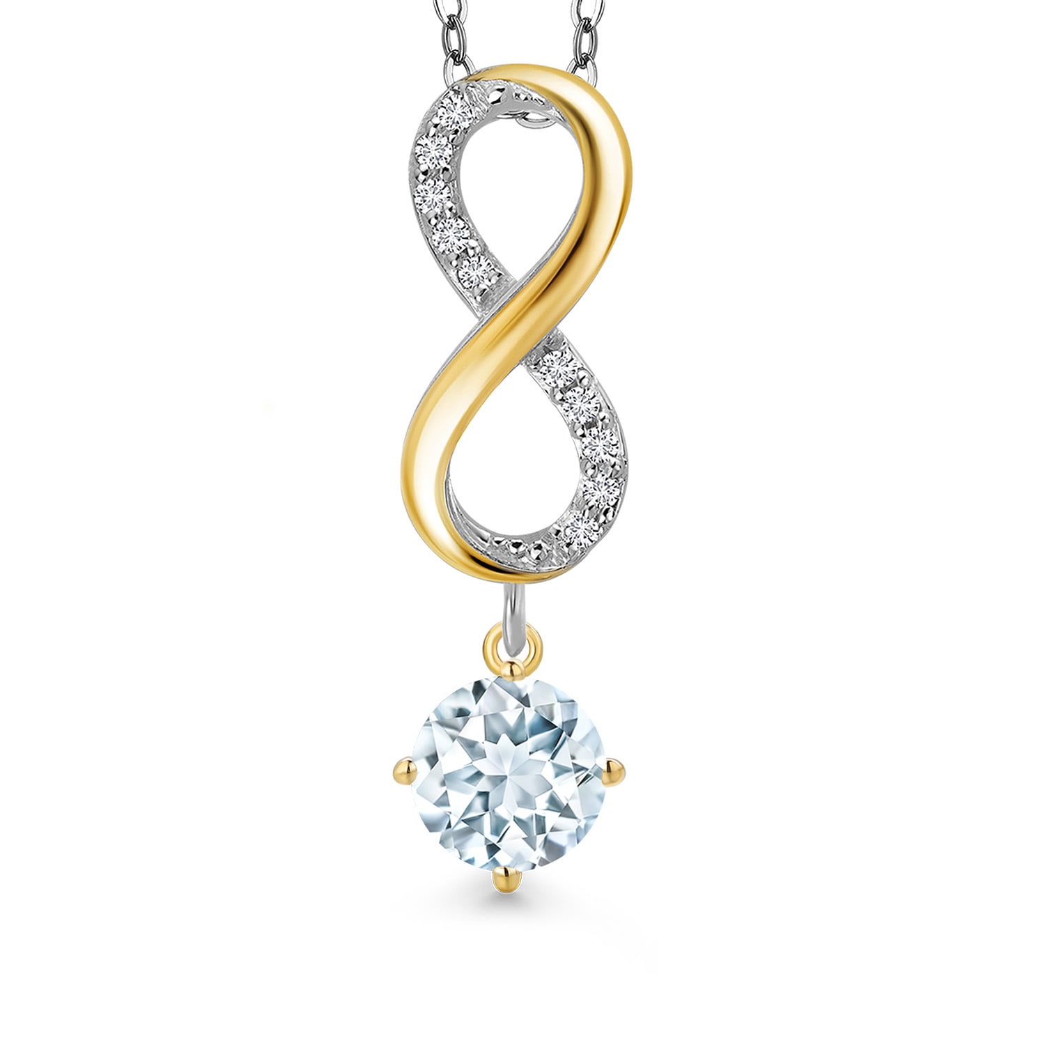Gem Stone King 925 Silver and 10K Yellow Gold Sky Blue Aquamarine and Lab Grown Diamond Pendant Necklace for Women | 1.58 Cttw | Gemstone March Birthstone | Round 6MM | With 18 inch Silver Chain