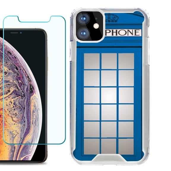 For Apple iPhone 11 Case, Hybrid Bumper Phone Case, with Tempered Glass Screen Protector, by OneToughShield ® - Phone Booth Blue