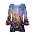 thumbnail image 4 of CYMMPU 3/4 Sleeve Blouses for Women Dressy Casual Spring Tops Button V Neck Flare Sleeve Tunic Tops Loose Fit Summer Trendy Shirts Flower Printed Pleated Dressy T-Shirts Multicolor S, 4 of 5