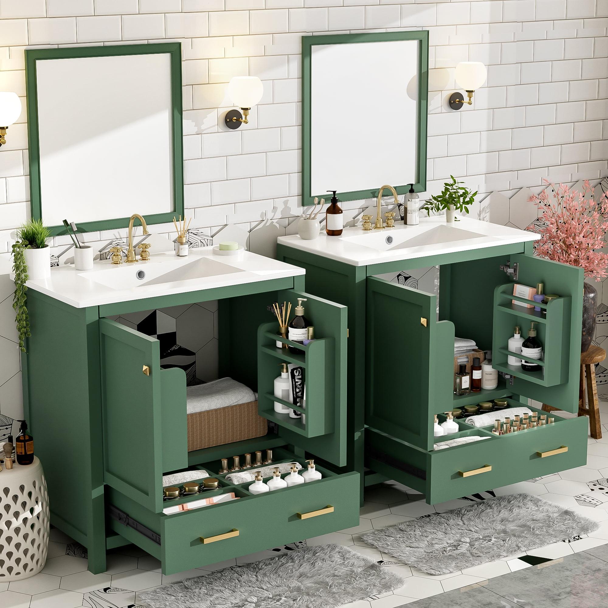 MODERNLUXE 60" Bathroom Vanity Set with Double Sink(Separate),2 Bathroom Vanities with Sink,Storage Shelf and Divided Drawers,Bathroom Storage Cabinet Without Mirror,Green