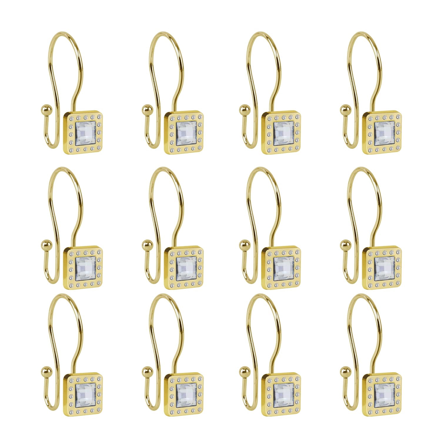 Utopia Alley Shower Rings, Double Shower Curtain Hooks for Bathroom, Rust Resistant Shower Curtain Hooks Rings, Crystal Design, Set of 12, Gold