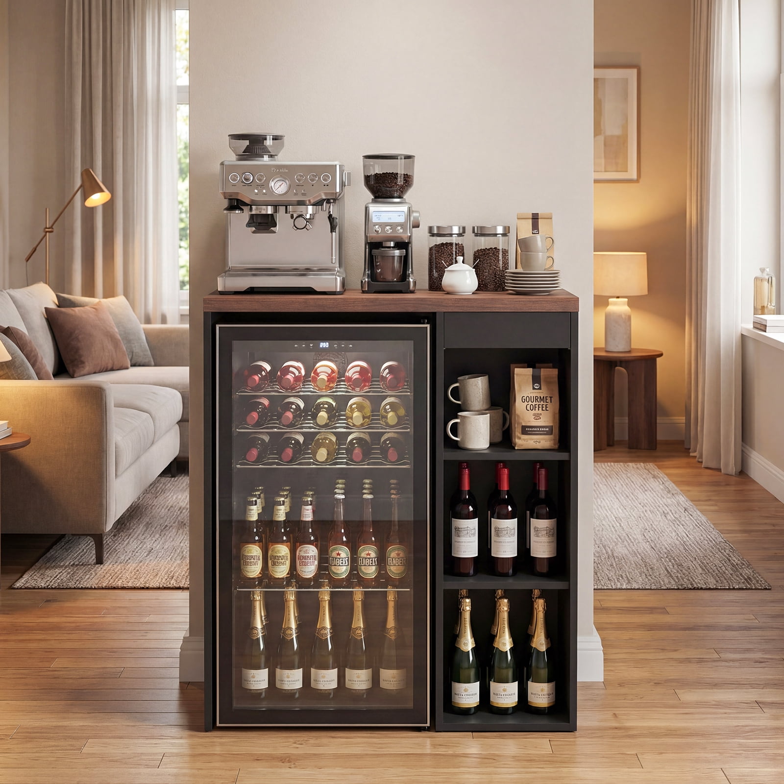 Advwin Coffee Bar Cabinet with Mini Fridge Space, Mini Fridge Stand with Drawer & Adjustable Shelf for Dorm, Kitchen, Office, Apartment, Home Bar, Black+Walnut