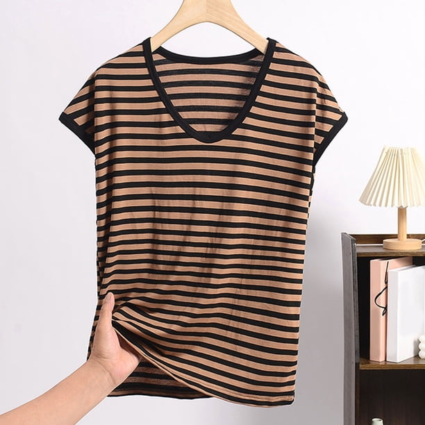 Pijama de manga corta para mujer, informal, holgado, a rayas, con cuello redondo, de verano, fino, de poliéster