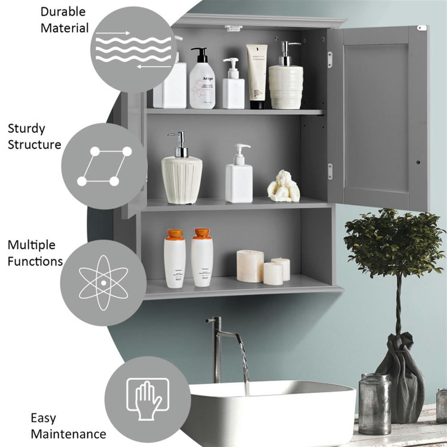 Demi Bonn Wall Mounted Bathroom Cabinet, Medicine Cabinet, 2-Door Wall Mount Bathroom Storage Cabinet with Open Shelf for Kitchen, Entryway, Bathroom, Gray