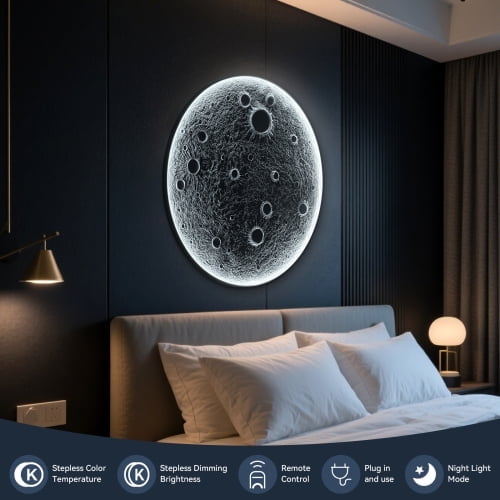 32" Moon Wall Light, Realistic Resin LED Wall Sconce with Remote Control, Dimmable Plug-in Halo Moonlight for Bedroom & Living Room, Modern Meteorite Crater Texture, Gray