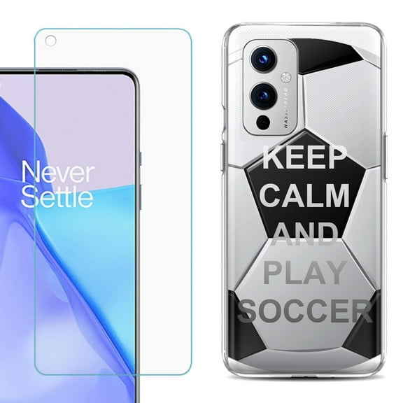 Slim-Fit TPU Phone Case Compatible with OnePlus 9 5G, with Tempered Glass Screen Protector, by OneToughShield ® - Keep Calm Soccer