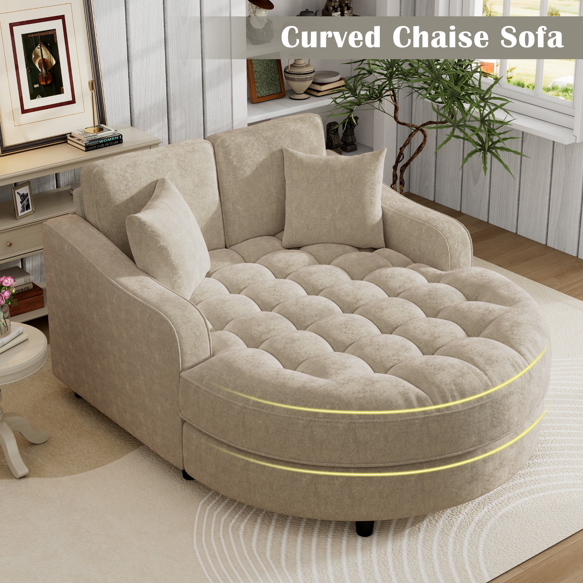 Euroco Oversized Round Chenille Chaise Lounge with Tufted Seat, Removable Pillows & High-Density Cushion – Modern Upholstered Lounge Chair for Bedroom or Living Room