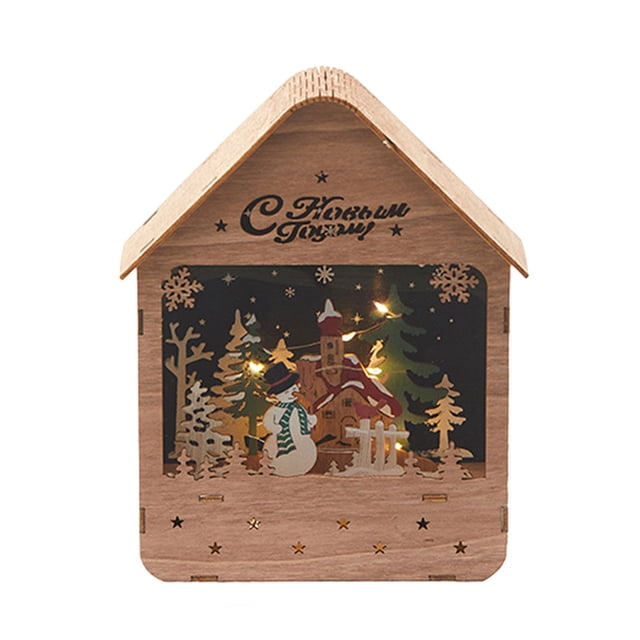 Casa de nieve navideña, casa de madera, figura, regalo de Navidad para niños, cabaña de madera brillante Color madera