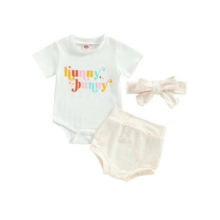 

Jamlynbo Newborn Infant Baby Girl Easter Day Shorts Outfits Hunny Bunny Romper Rabbit Shorts Headband 3Pcs Easter Clothes