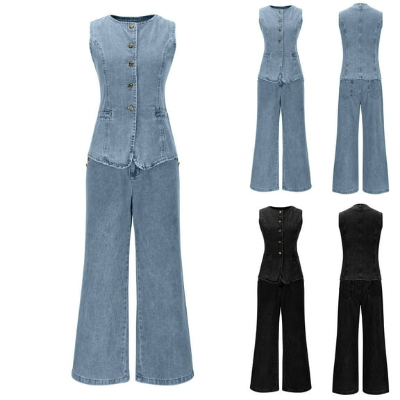 Miluxas 2 Piece Classic Denim Vest Sets for Women, Sleeveless Slim Fit Button Down Tops Outfits with Flared Pants Blue XL(XL)