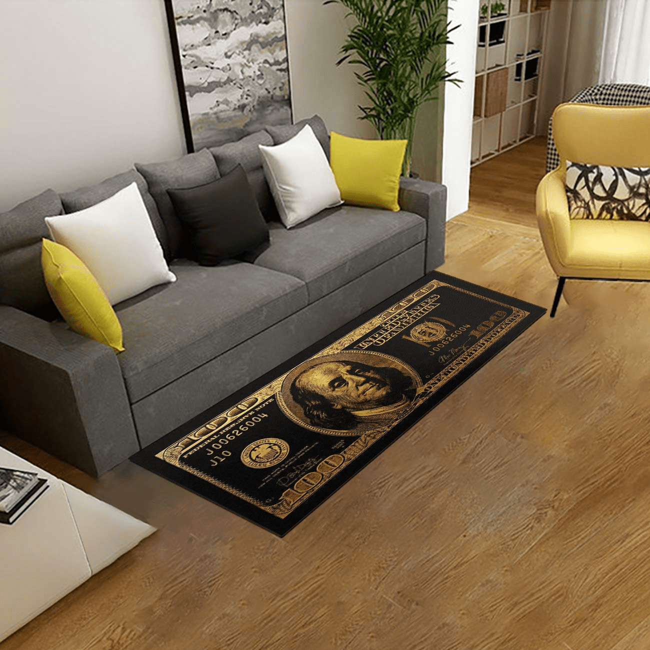 Black Gold Rugs 100 Dollar Bill Area Runner Money Rugs Nonslip Rubber Backed Laundry Room Rug Runner Floor Mat for Living Room Dining Room Washroom Bathroom Mudroom Kitchen Doormat Hallway 24"X71"