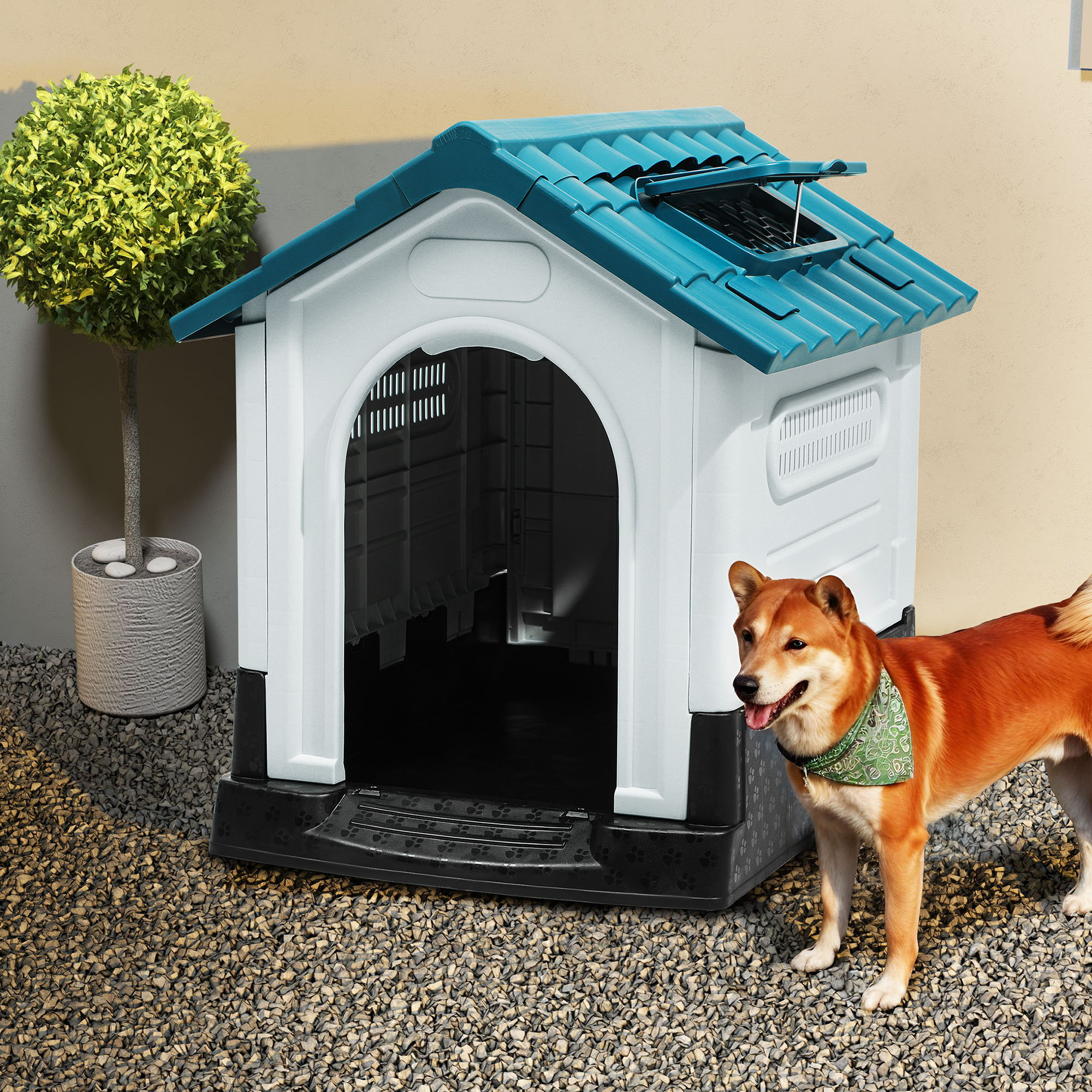 Uforic Waterproof Foldable Plastic Dog House with Adjustable Skylight and Elevated Floor, Outdoor Indoor Doghouse Puppy Shelter,Blue,33.1''Lx 27.6''Wx 30''H