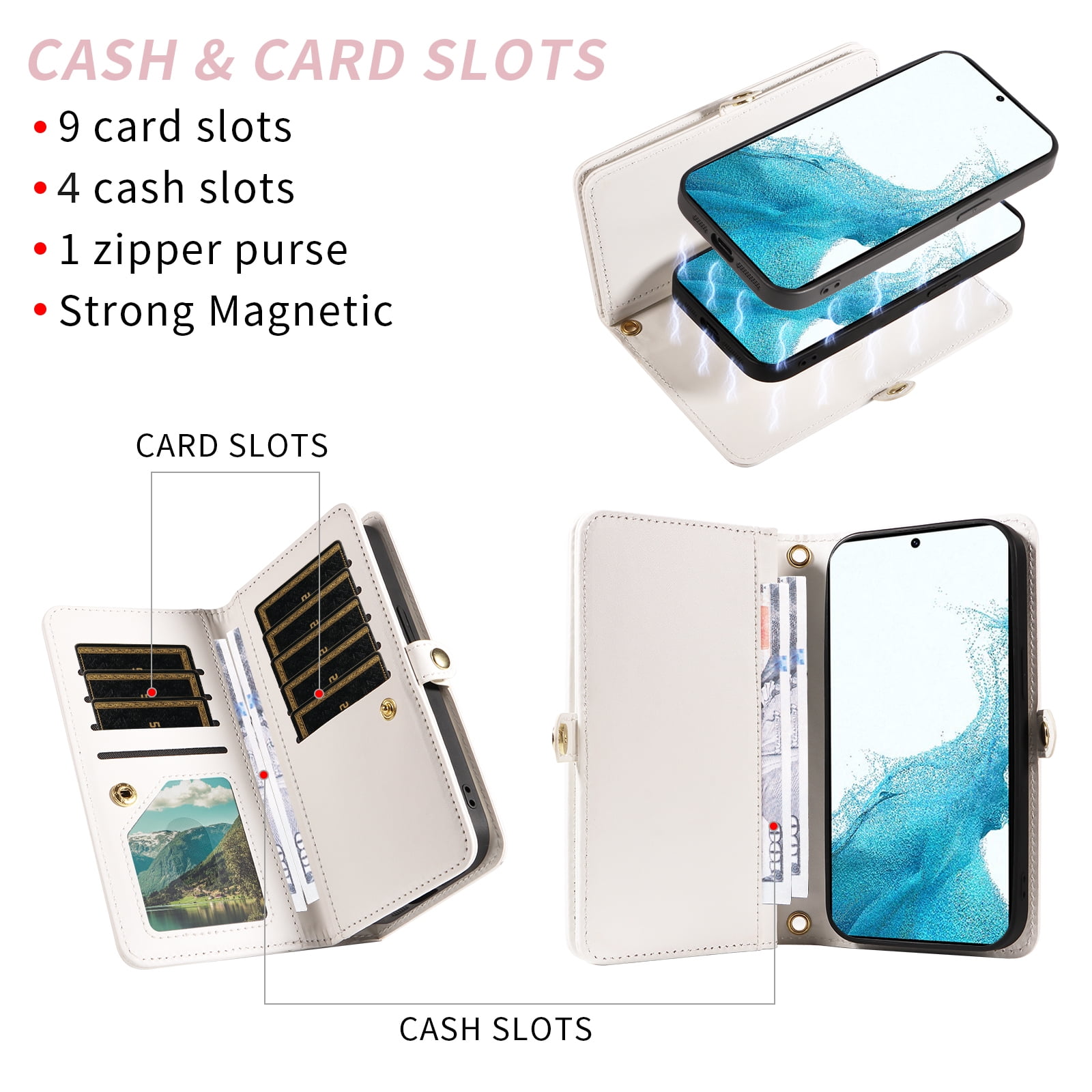 Asuwish Phone Case for Samsung Galaxy S22 5G Zipper Wallet Detachable Cell Cover with Tempered Glass Screen Protector Crossbody Lanyard Strap Bling Glitter Flip Card Holder Slot S 22 22S Women White