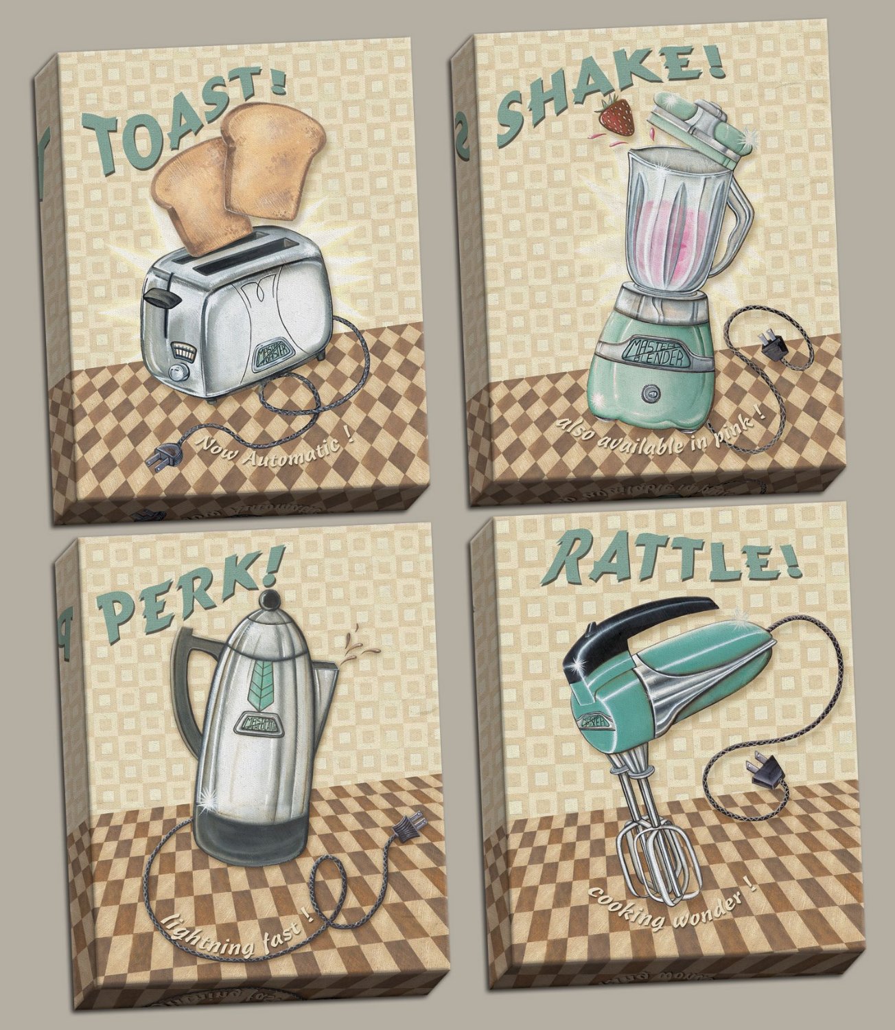 4 Retro Kitchen Appliance Prints Toaster Mixer Percolator Blender; Four ...