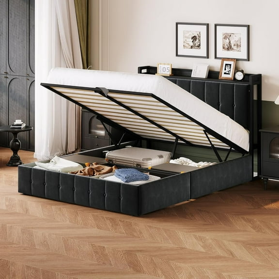 Queen Bed Frame with Lift-Up Storage, Upholstered Velvet Platform Bed with Tufted Headboard & Storage, No Box Spring Needed, Metal Frame with Wooden Slats, Black