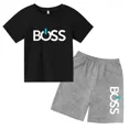 thumbnail image 2 of Conjunto de 2 piezas de camiseta de manga corta y pantalones cortos con estampado de letras de marca de verano, traje deportivo informal para niños y niñas, conjunto de moda para niños, 2 of 5