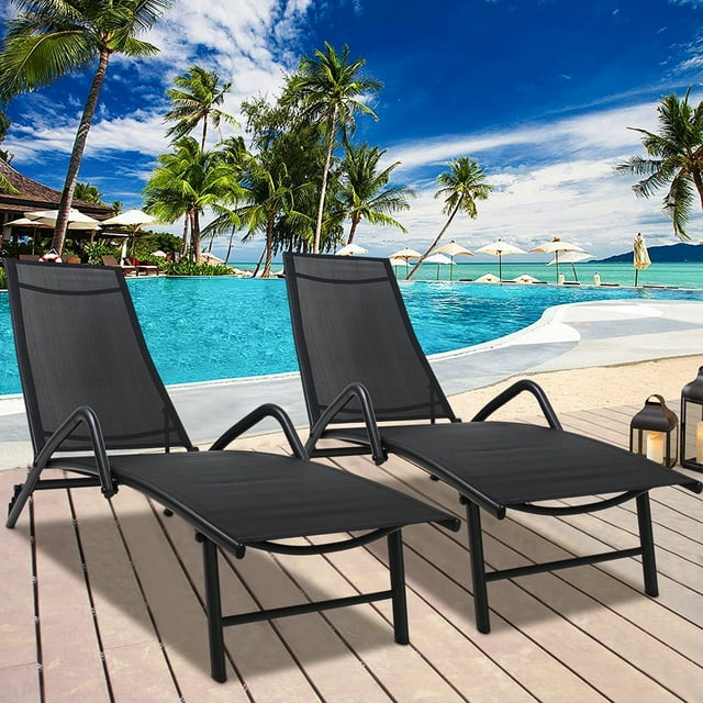 2 Piece Pool Lounge Chairs, Patio Furniture Patio Chaise Lounge Chair with Adjustable Back, Metal Reclining Lounge Chair for Beach, Backyard, Garden, L4553