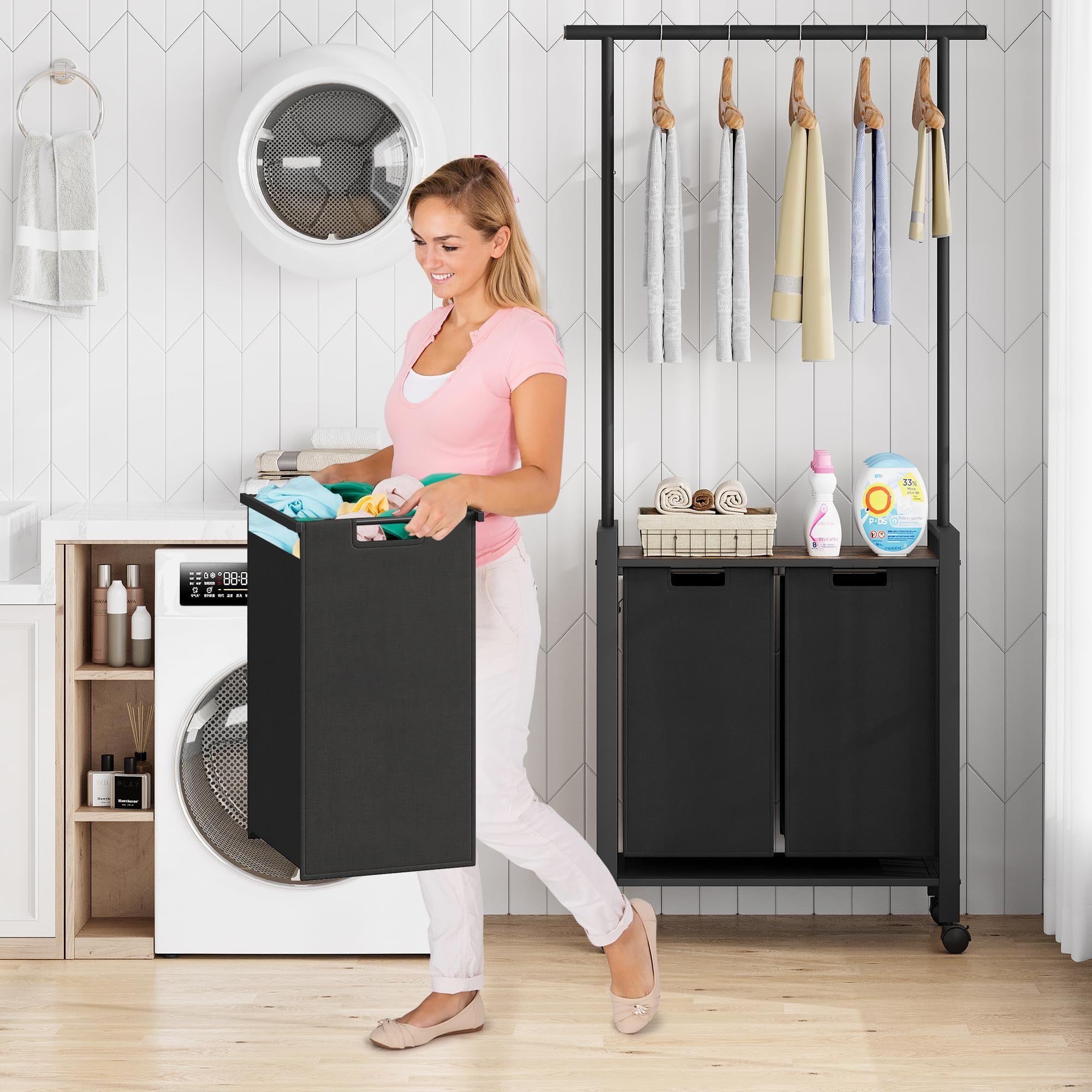 2-Section Rolling Laundry Sorter with Hanging Rack & Wheels, Laundry Hamper Organizer for Laundry Room