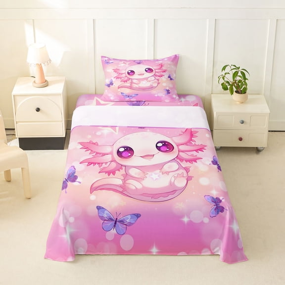 Erosebridal Boys Girls Kawaii Pink Axolotl Twin Sheet Sets 3pcs,Flying Butterflies Bedding For Kids