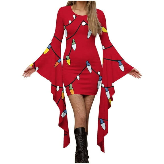 qelini Long Sleeve Mini Dresses for Women Bell Sleeve Cute Print Crewneck Irregular Dress Casual Holiday Dresses