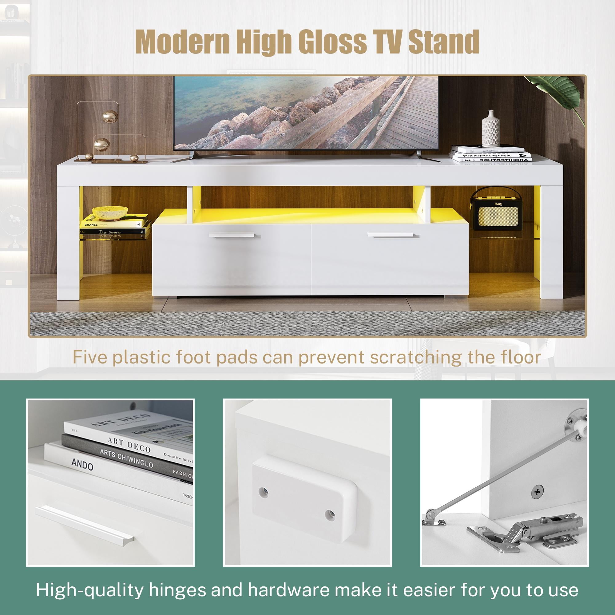 PAPROOS TV Stand for TVs up to 80", High Gloss TV Cabinet with LED Light, Modern TV Console Table with Storage Drawers, Media Television Stand Entertainment Center, White
