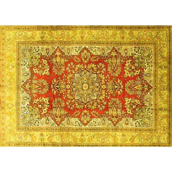 Ahgly Company Machine Washable Indoor Rectangle Persian Yellow Traditional Area Rugs, 5' x 7'