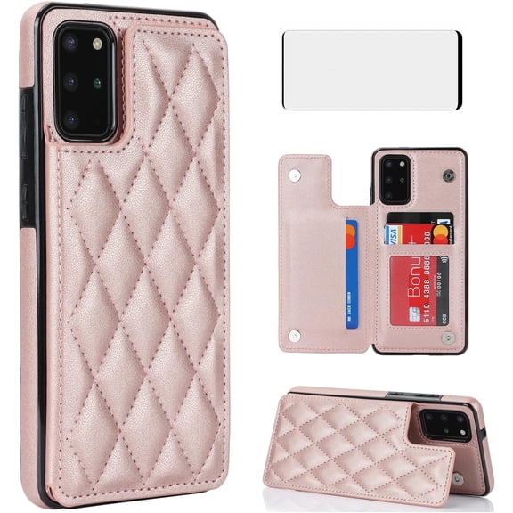 Asuwish Kickstand Hard Shell Wallet RFID Blocking Cell Phone Case with 1 Phone Case 1 Piece Tempered Glass Screen Protector for Samsung Galaxy S20 ,Rose Gold