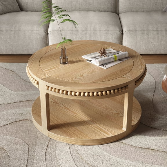 YIYADO Round Solid Wood Coffee Table, Thickened Top, 2-Tier Solid Wood Bead Coffee Table, Small Space Living Room Round Center Table, 31.5"L × 31.5"W × 17.72"H, Brown
