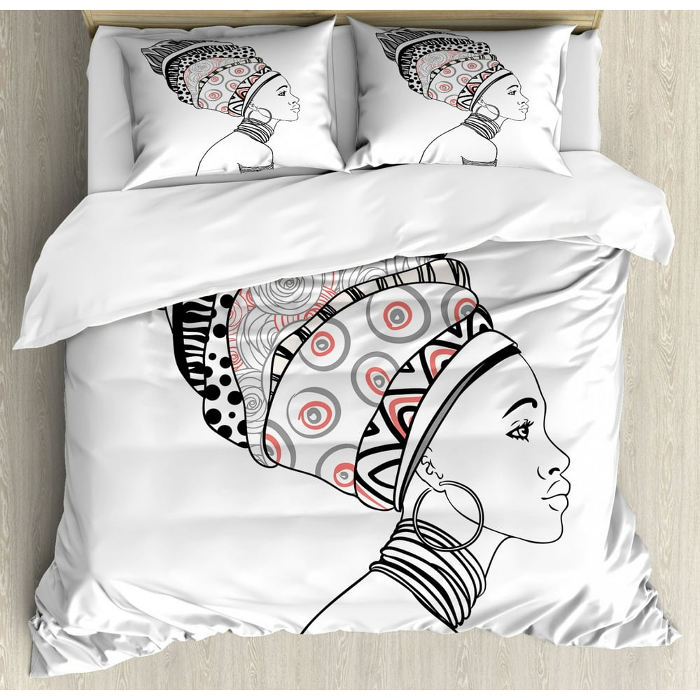 African Duvet Cover Set, Exotic Safari Lady in Boho Turban Glamour