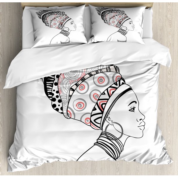 African Duvet Cover Set, Exotic Safari Lady in Boho Turban Glamour