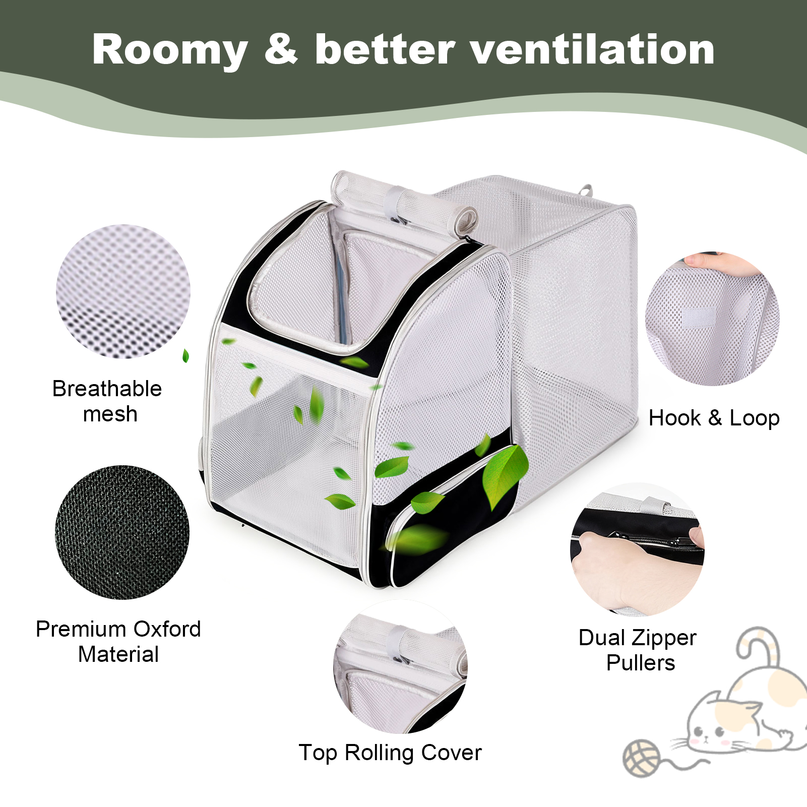 Breathable Cat Backpack Carrier, Fully Ventilation Rear Expandable Pet Carry Bag for 16 lbs Small Puppy Rabbit Bunny, Collapsible Airline Approved Kitten Travel Carrier Cage for Vet Visit